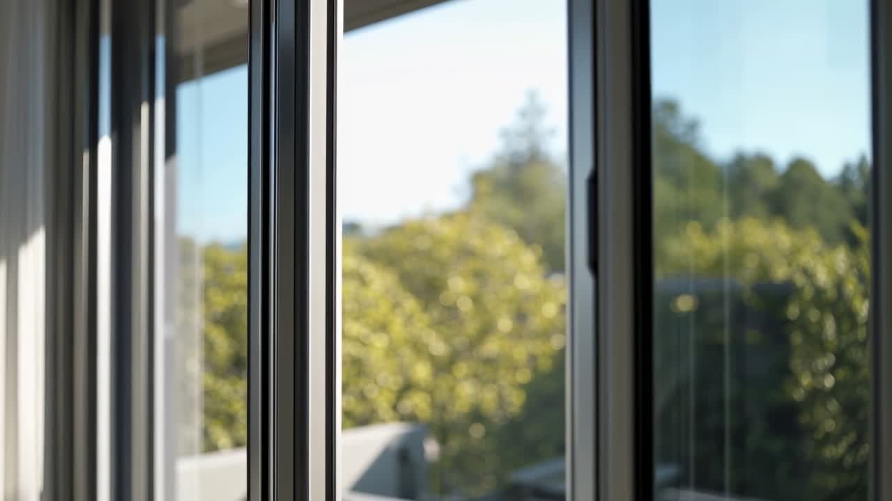 Skyveglasspanel beveger seg mot venstre ved manuelt trekk, og avslører taklinjen til en uteplass og hage for designformål.