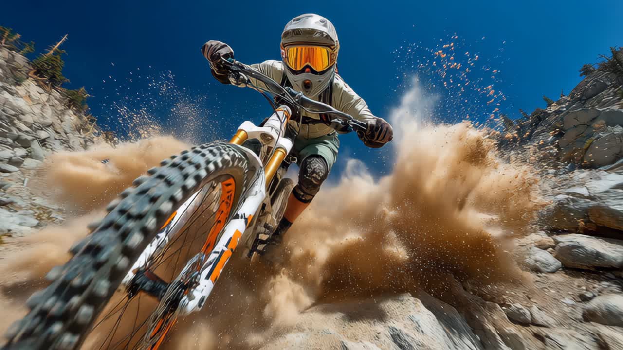 Mountain biker descending steep rocky trail amid dust cloud