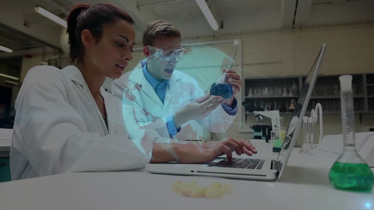 Researchers reacting to globe overlay in lab, typing data and inspecting flask with blue liquid