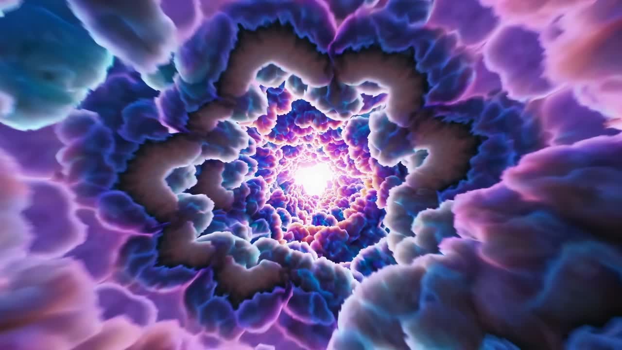 A mesmerizing video of colorful clouds forming a tunnel, viewed from a low angle