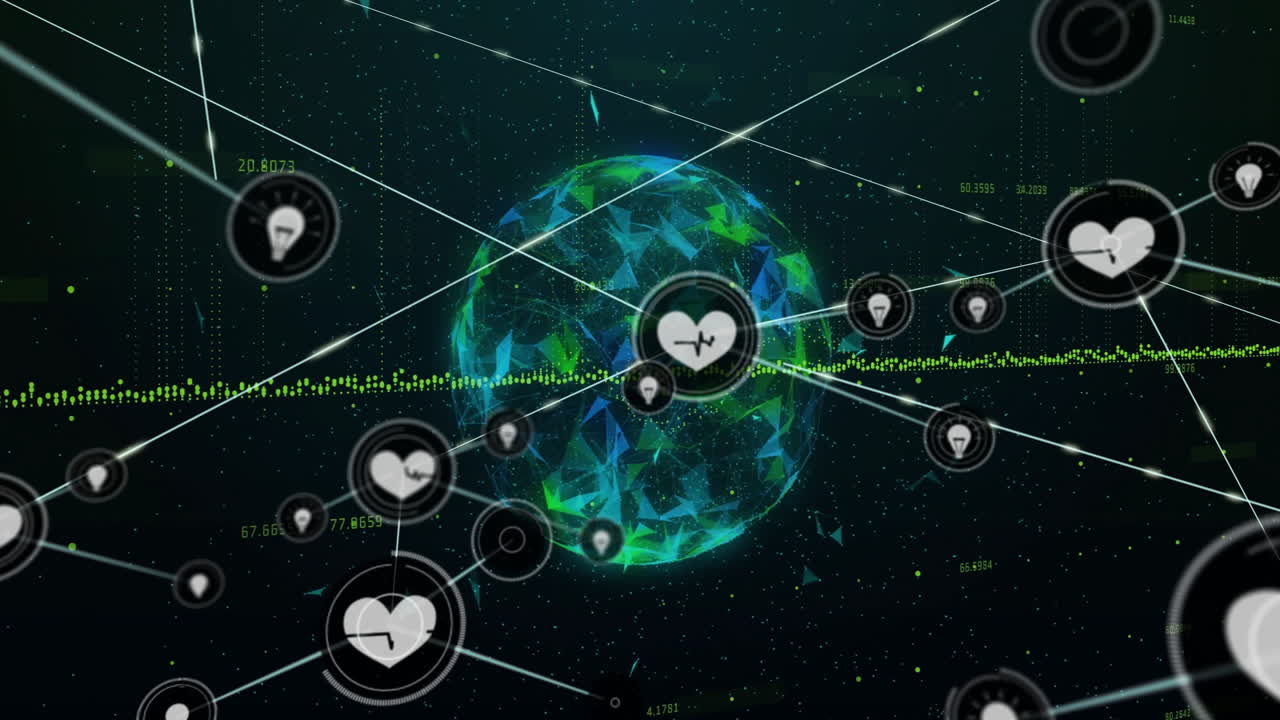 Animation of digital heart icons connecting over abstract globe with data network