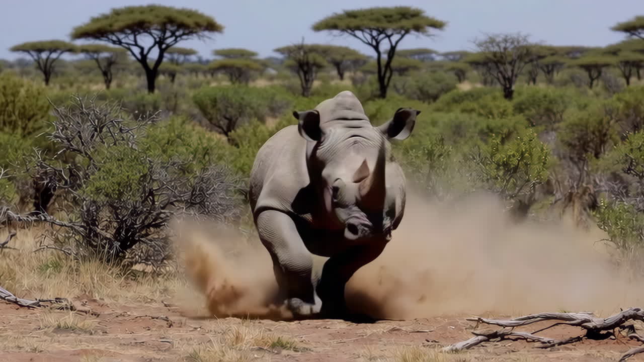 White Rhinoceros Running in the African Savanna