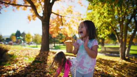 children playing in a park covered in autumn leaves