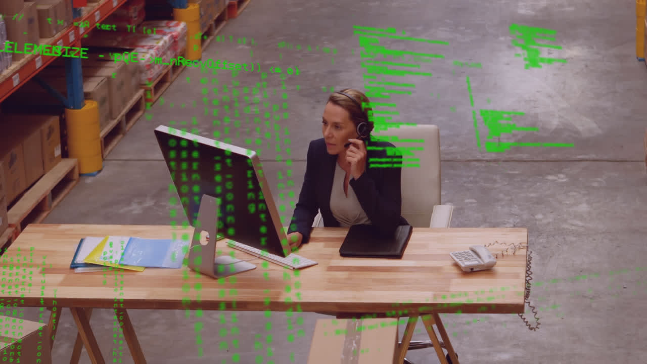 Animation of data processing over woman working in warehouse