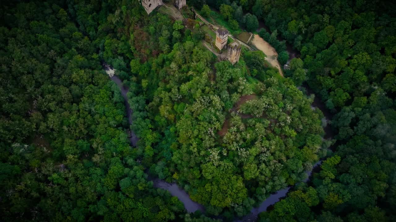 abandoned castle lost in the forest, the castle is surrounded by a river