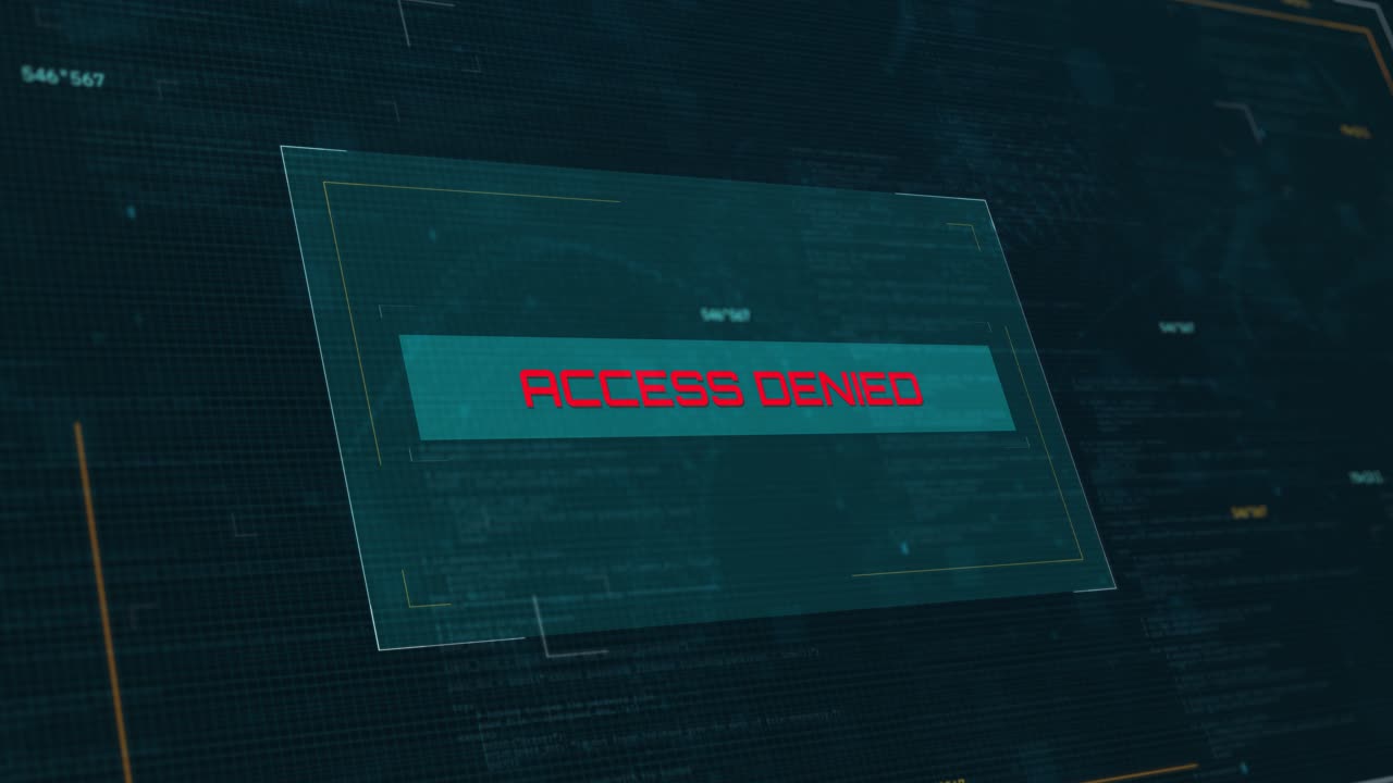 Zugang verweigert Benachrichtigung: Futuristische Ladebildschirm-Animation für Cybersicherheit mit Computercode-Hintergrund.