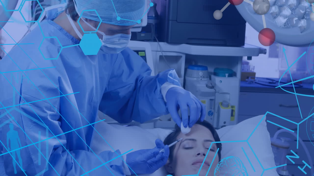 Animation of chemical formula over caucasian male surgeon taking vaccine on patient for surgery