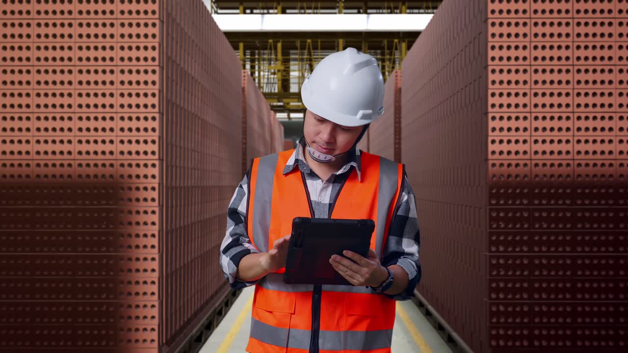 Worker Inspecting Bricks in a Warehouse