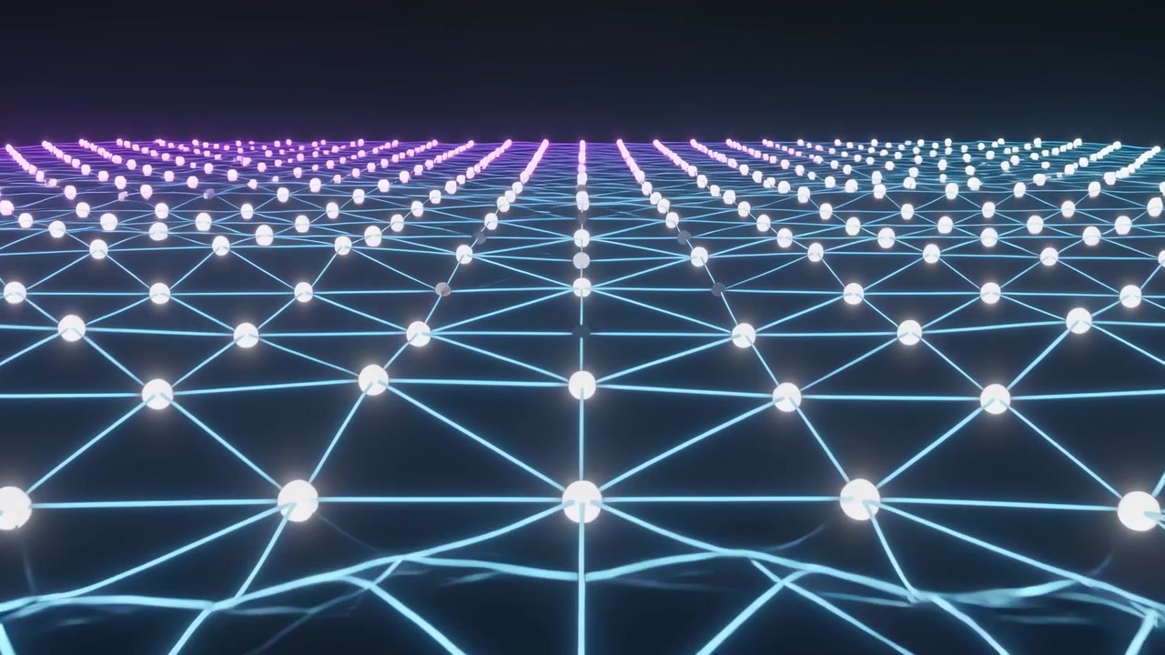 Pulsing lattice starting pulse rippling across front with lit nodes in dark void, magenta-blue rim