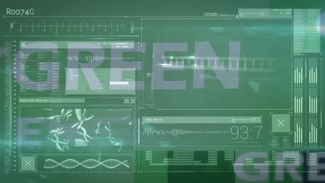 Animation-of-infographic-interface-,dna-helix-and-glowing-glare-with-green-energy-text