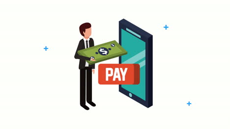 e-business enseña tecnología con teléfono inteligente y hombre de negocios