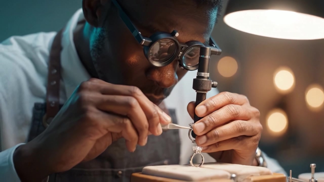 Expert Jeweler Attentively Crafts a Stunning Ring Using Precision Tools and Techniques Under Soft Lighting for a Masterful Finishing Touch