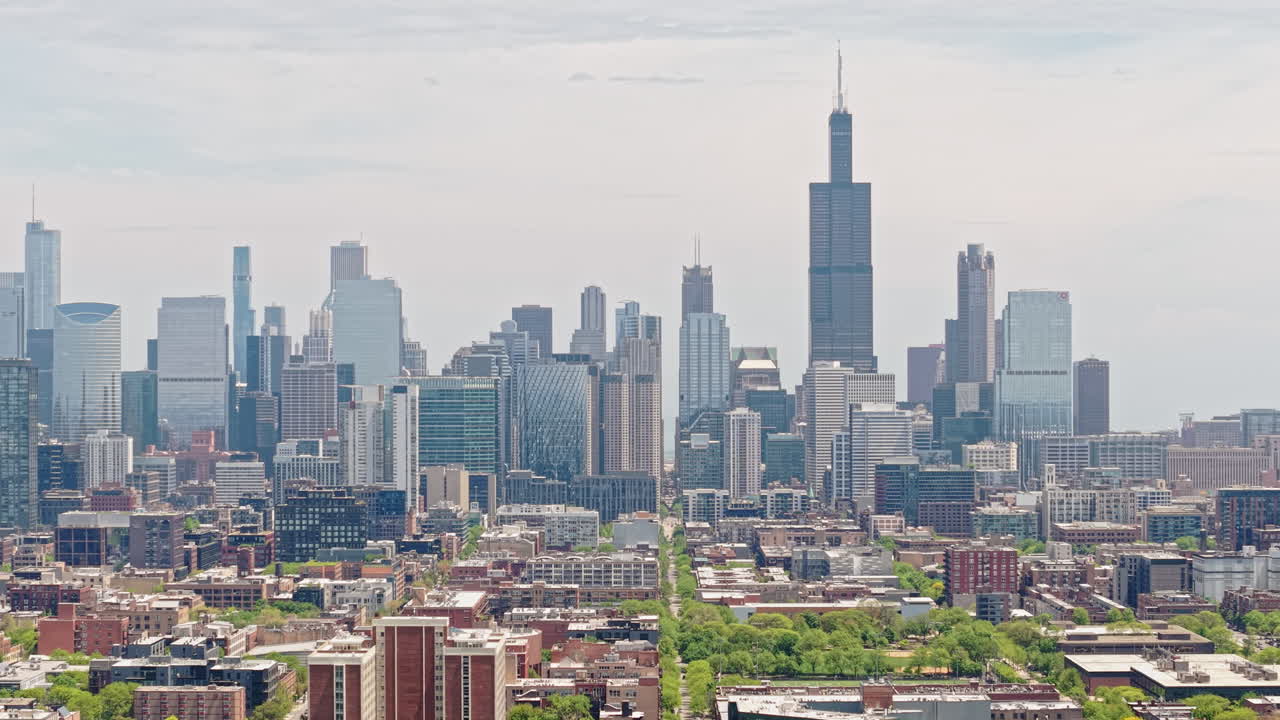 Downtown Chicago Towers and Skyline on Hot Sunny Day, Aerial View, Illinois USA