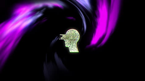 human head silhouette with binary code over swirling purple and black background animation