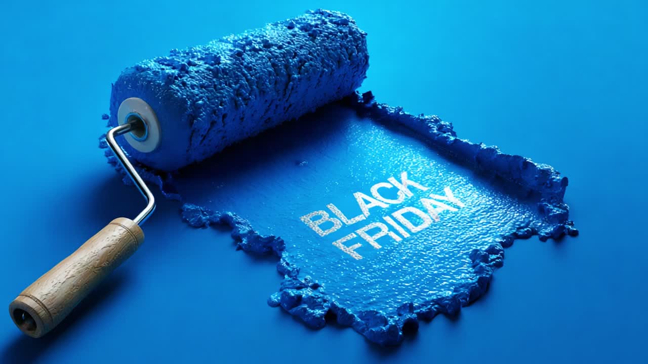 An artistic representation featuring a blue paint roller creating a vivid splash of color, showcasing the words 'BLACK FRIDAY' in a stylish font, emphasizing creativity and seasonal shopping themes