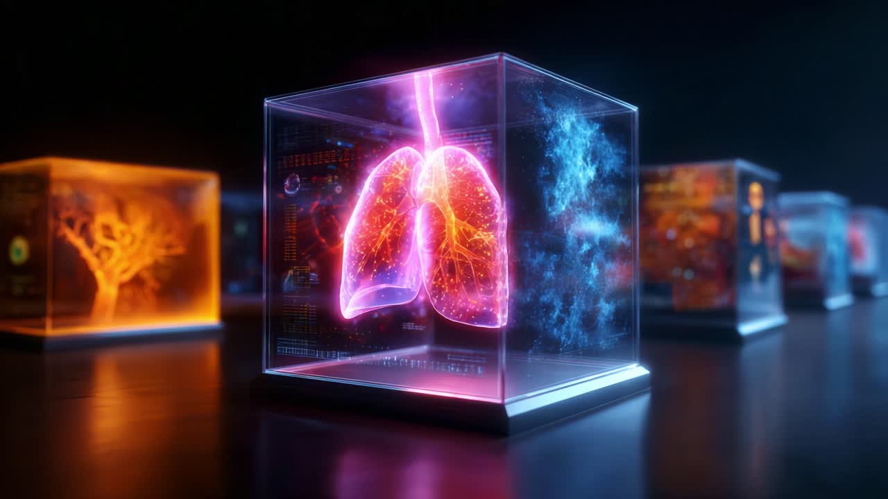 Exploring the Intricate Design of the Human Lungs: A Stunning Visualization Within a Glowing Cube Displaying Anatomical Structures and Data Representation in Modern Science