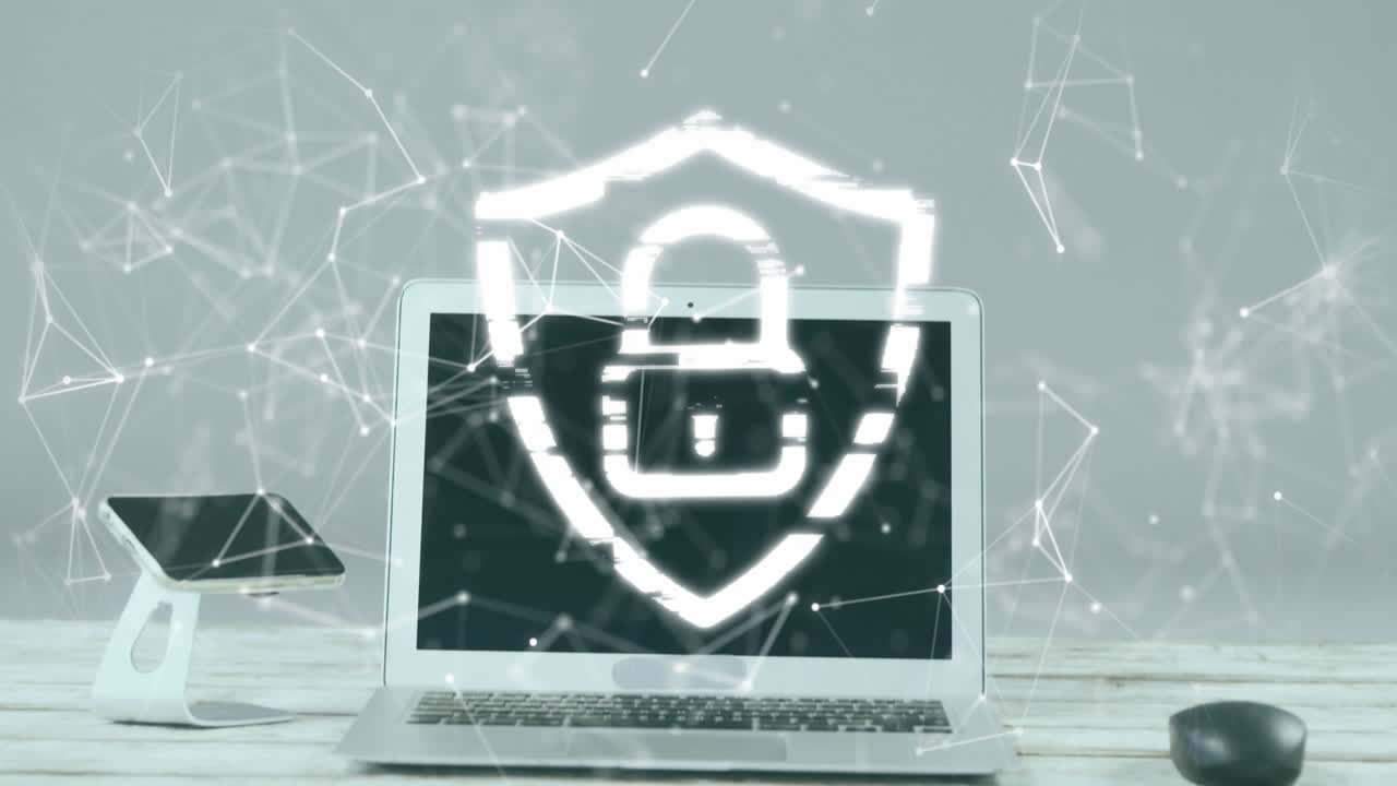 animación del candado y la red de conexiones a través de la computadora portátil