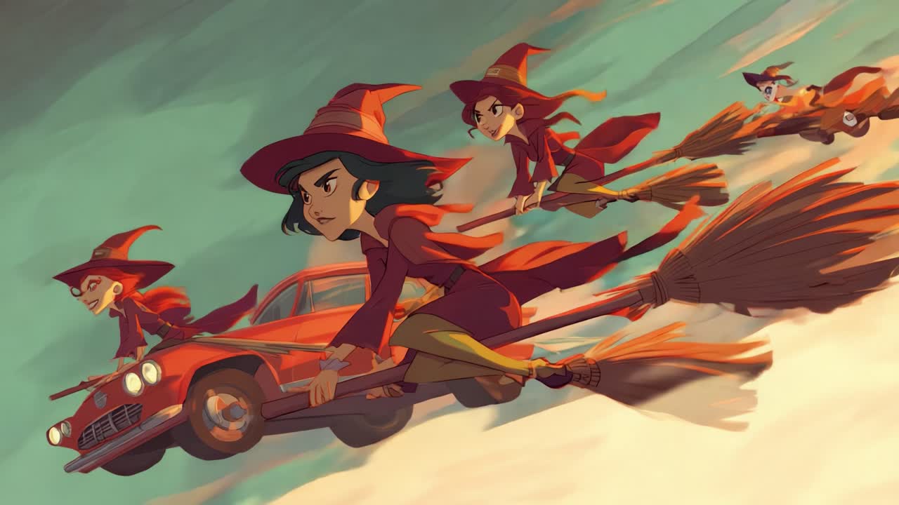 A Thrilling Chase: Animated Witches on Brooms in a High-Speed Adventure with a Classic Car Amidst a Colorful Sky