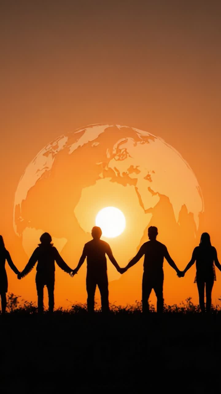 A Group of Silhouetted Individuals Holding Hands Against a Vibrant Sunset with an Overlay of Earth, Representing Unity and Global Connection