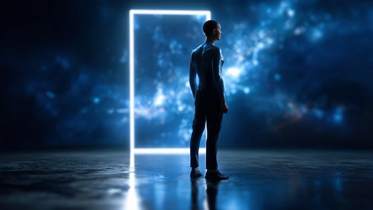 Uma figura está diante de um portal brilhante, contemplando um vasto espaço cósmico repleto de estrelas e galáxias, refletindo sobre as possibilidades que se apresentam.