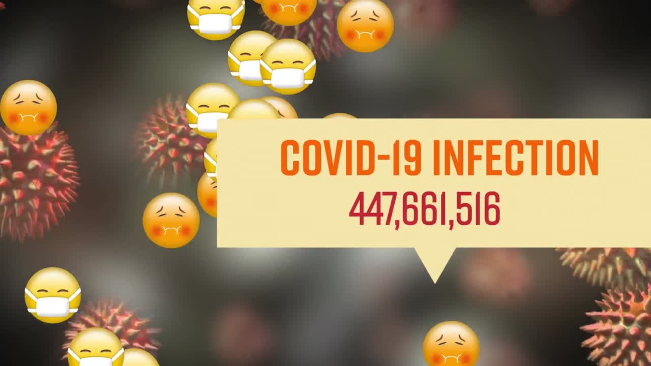 Animazione dell'infezione da Covid-19 e numeri in aumento, con macro-cellule Covid-19 che fluttuano sullo sfondo
