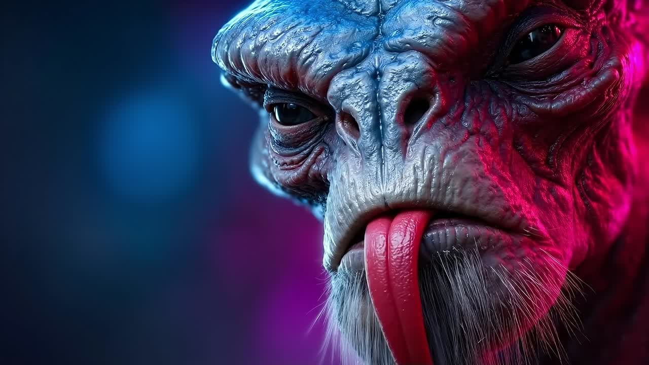 A close up of a demonic creature with red eyes and a beard