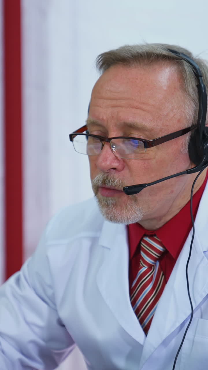 Remote consultation. Senior doctor in medical coat talking online and writing in medical office. Medical specialist consults patient remotely using laptop and headset. Vertical video