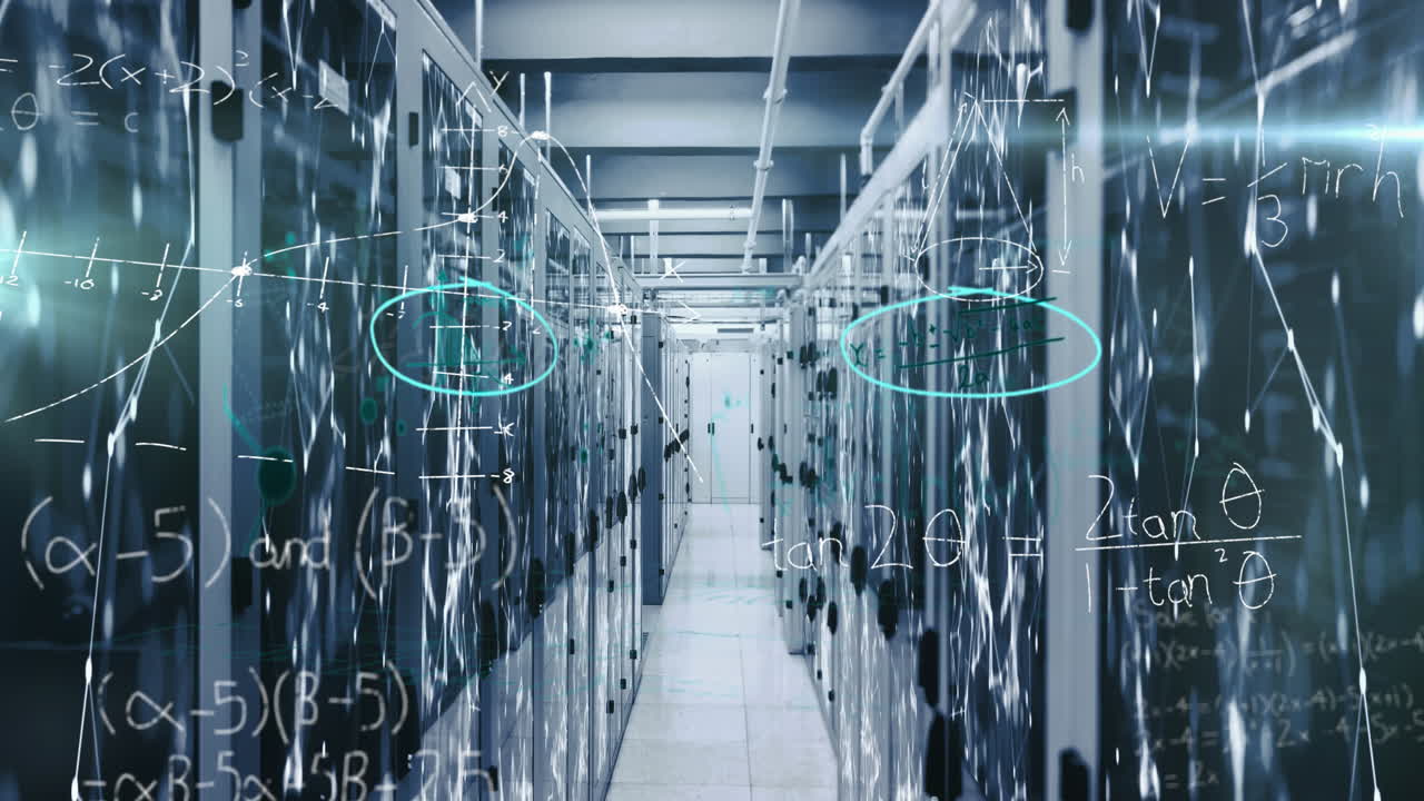 Mathematical equations and network of connections against empty server room