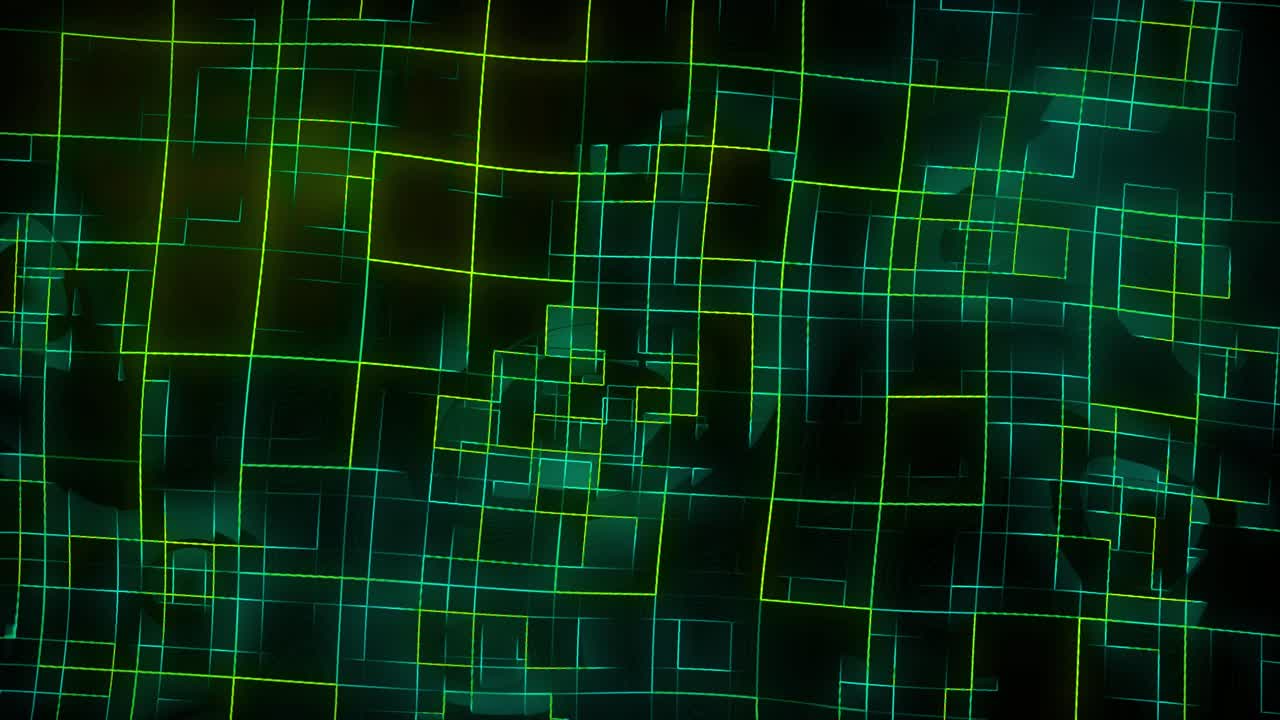 Glowing neon line work with rotating squares animation on dark gradient background dynamic motion graphics and visual effects seamless modern design lighting movement colours green cyan teal