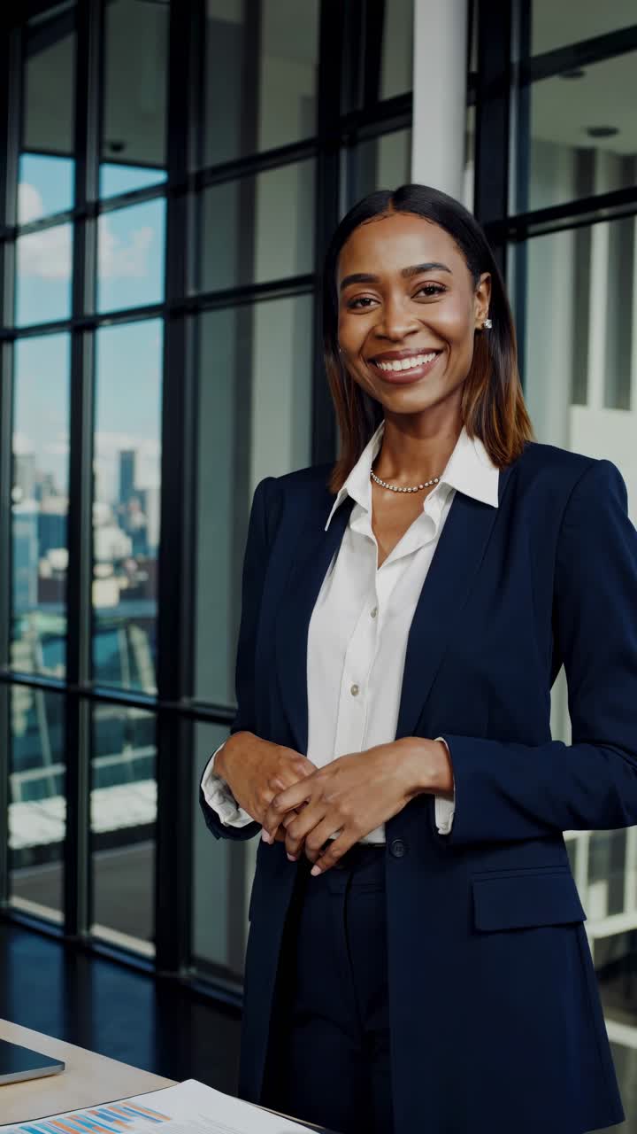 Empresária Confiante Falando e Sorrindo em Escritório Moderno