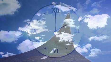 clock animated on a sky background with a road appearing