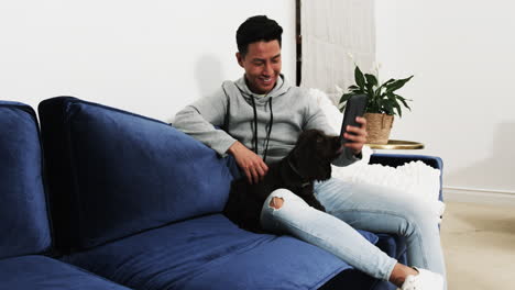smiling asian man video chatting on smartphone with dog on blue sofa, at home