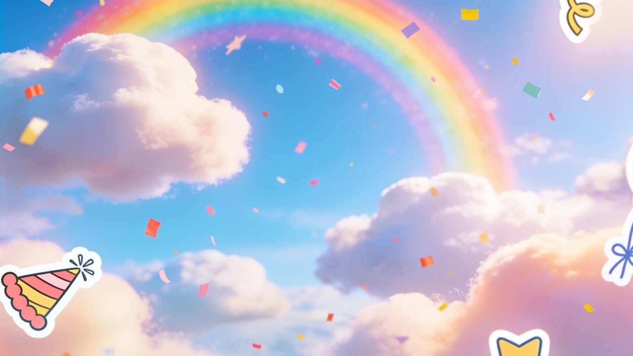 Escena de apertura mostrando un arcoíris, nubes esponjosas en un cielo festivo, confeti a la deriva, gorro de fiesta y globos.
