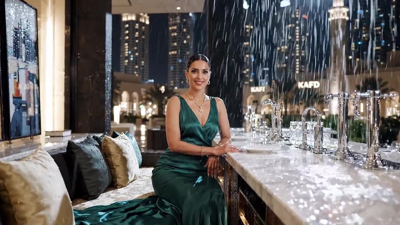 Une femme élégante dans une superbe robe verte assise gracieusement dans un bar luxueux, la pluie tombant en cascade, créant une ambiance urbaine magique la nuit.