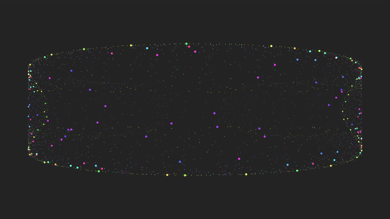 Dinamica di un tunnel di particelle colorate che forma una forma cilindrica nello spazio scuro, suggerendo flusso di dati, connessioni di rete digitali, tecnologia futuristica ed energia cosmica per progetti di motion design.