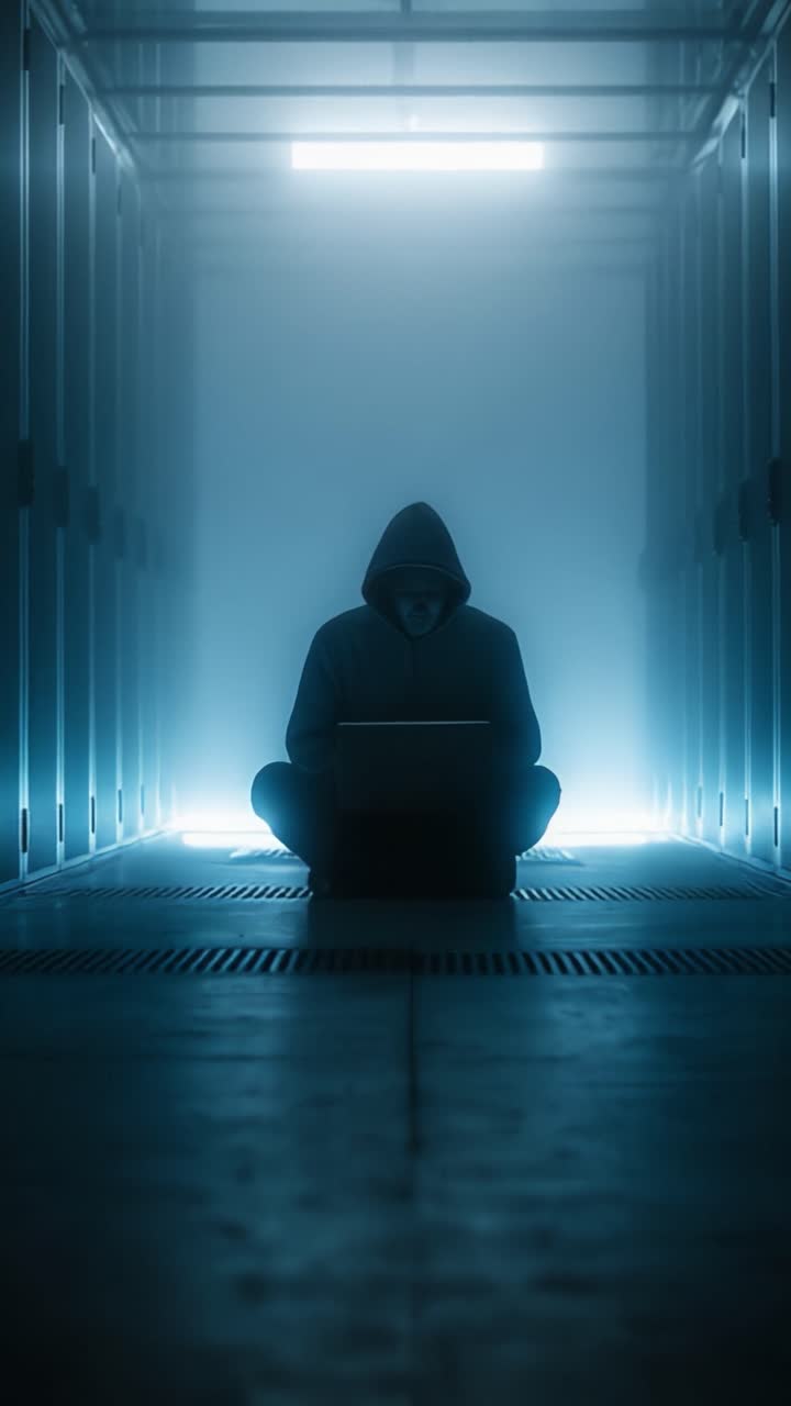 Uma Figura Misteriosa Meditando nas Sombras: A Presença Enigmática de um Indivíduo Encapuzado Absorvido em Tecnologia em Meio a um Espaço Mal Iluminado