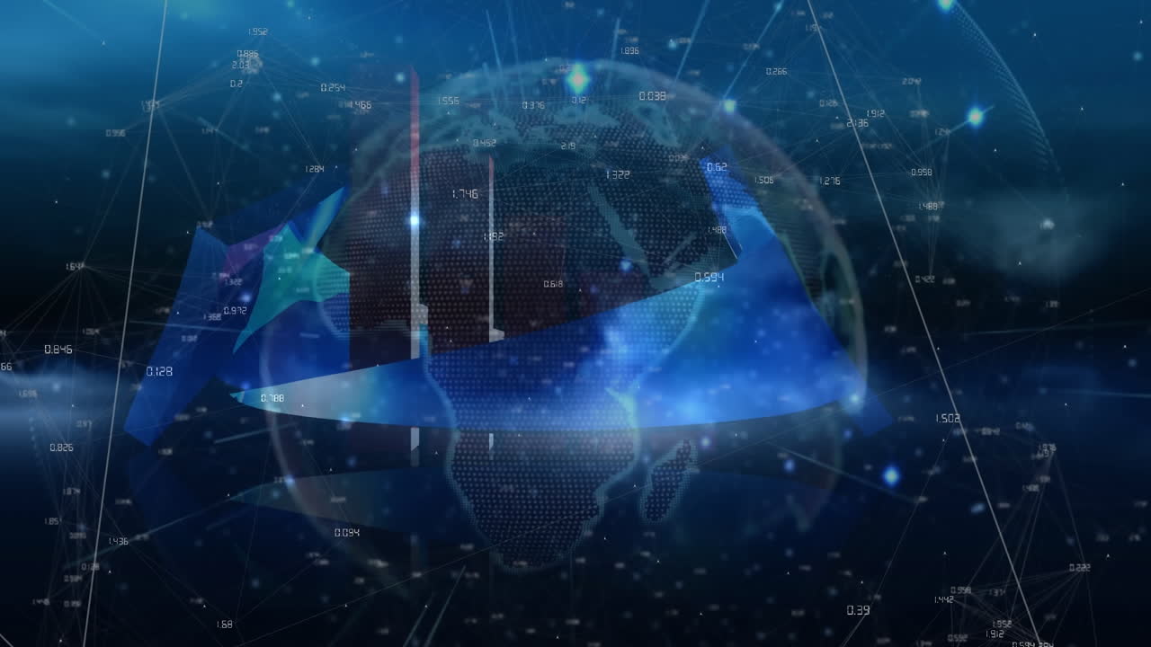 블랙 배경에 전 세계 연결 네트워크와 금융 통계의 애니메이션