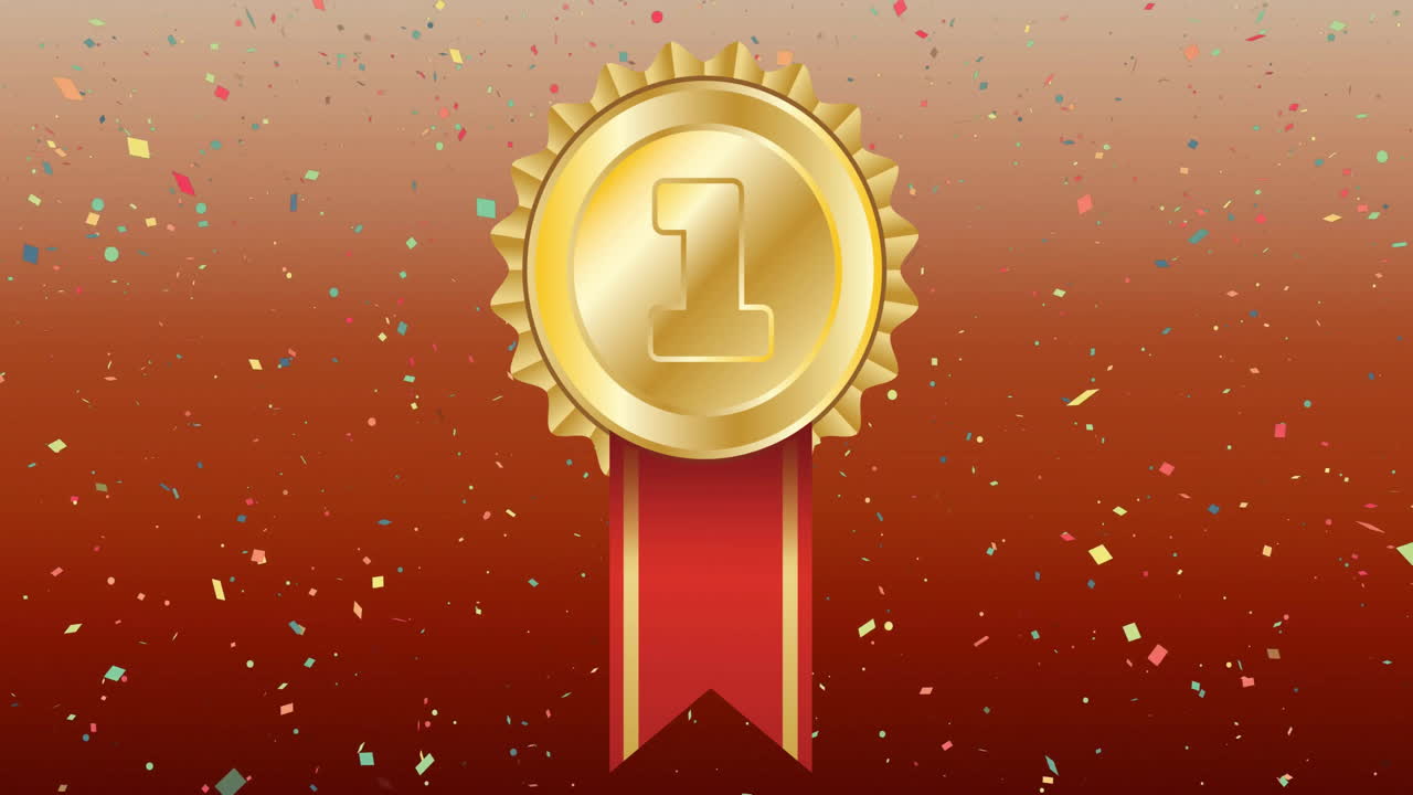 animación de confeti sobre medalla de oro sobre fondo rojo
