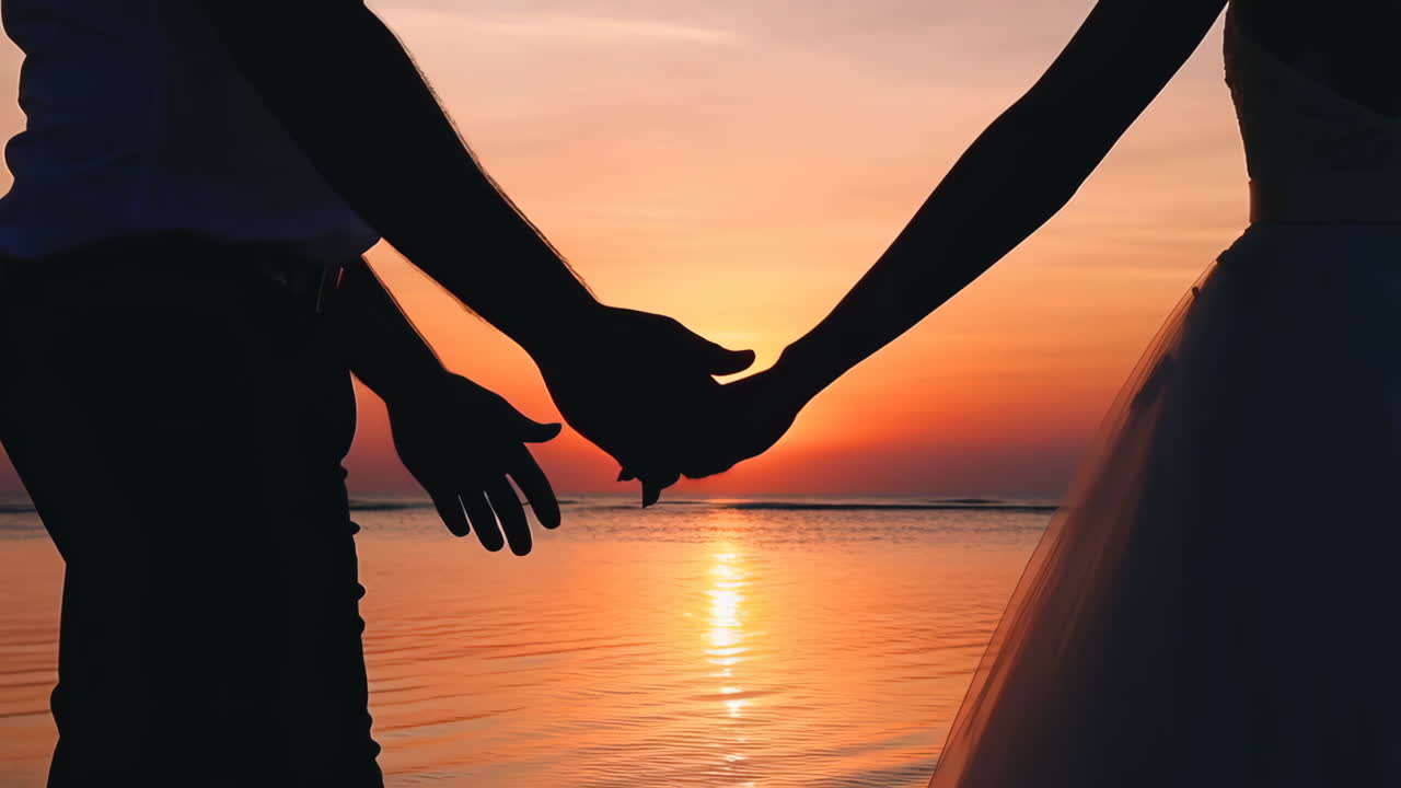 해변 에서 해가 지는 동안 손을 잡고 있는 부부