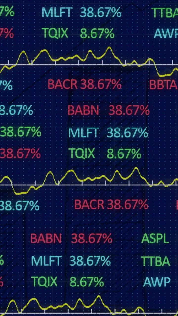 Animazione di elaborazione dati finanziari su un diagramma su sfondo blu