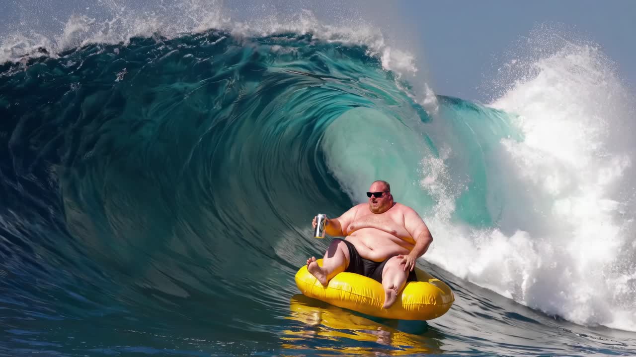 큰 파도에서 한 남자가 튜브를