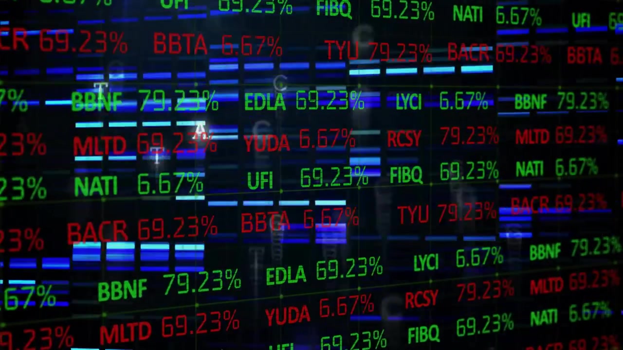 Display di dati di mercato digitali che scorre su uno sfondo a griglia scura, mostrando simboli azionari verdi e rossi.