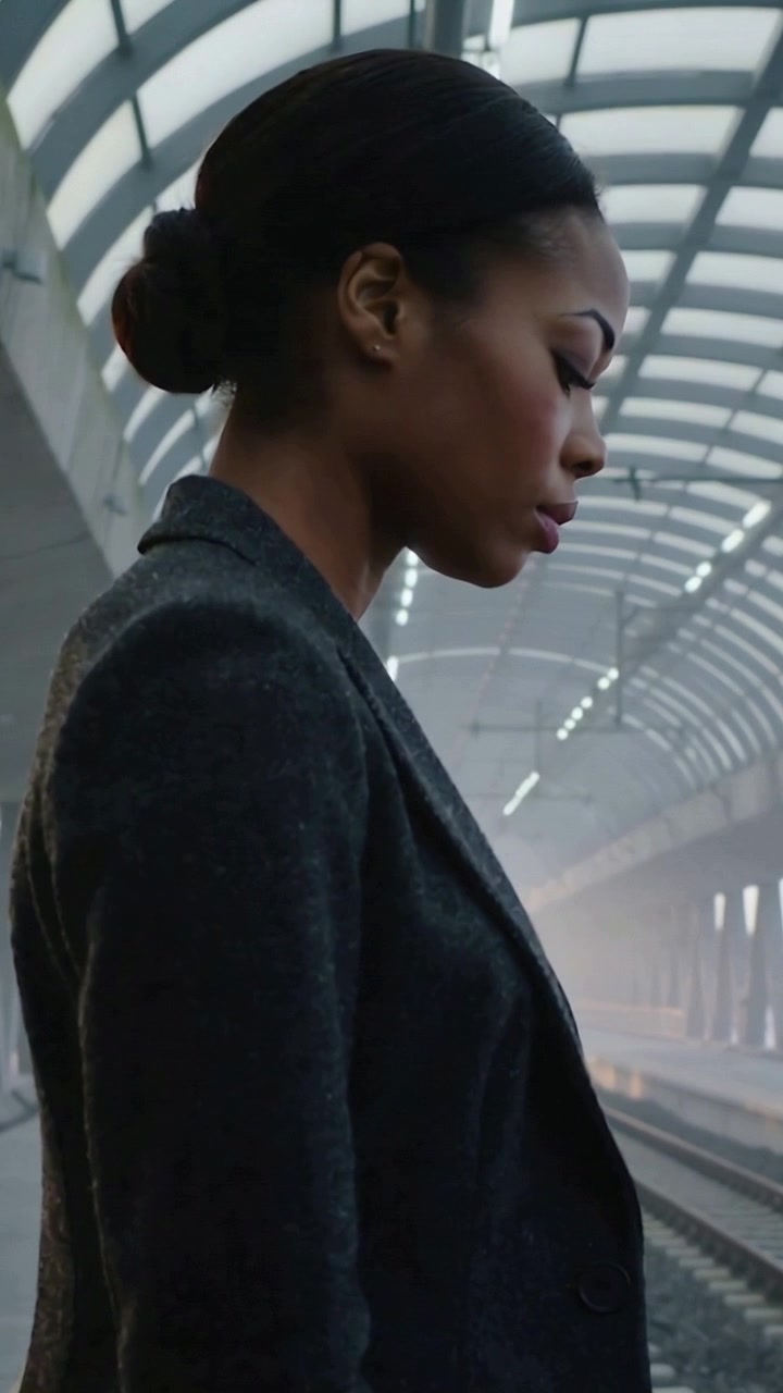 Vertical video: Standing commuter waiting at platform, watching tracks under canopy in dark blazer