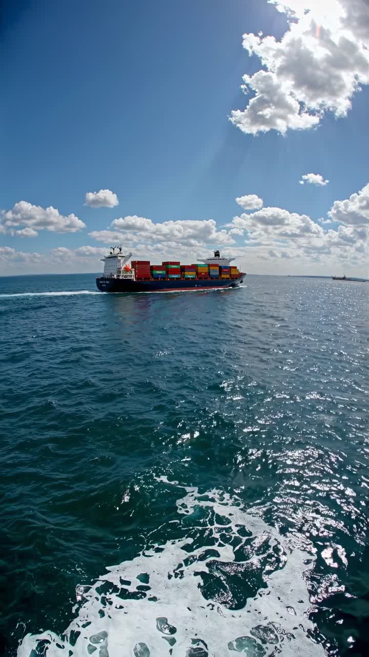 Wide-angle shot of a cargo ship on a sunny day, capturing the vast ocean and sky