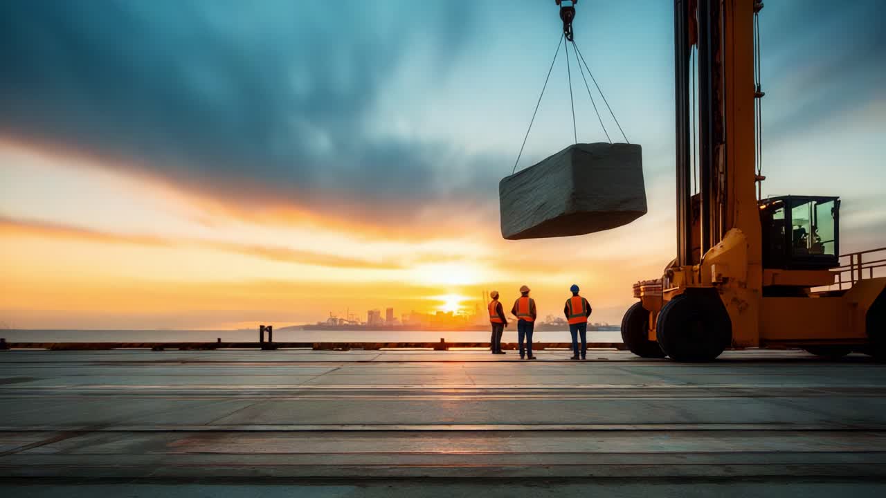 Workers at a construction site in motion, overseeing the loading of a large block with a crane at sunset, showcasing their teamwork and dedication to the project