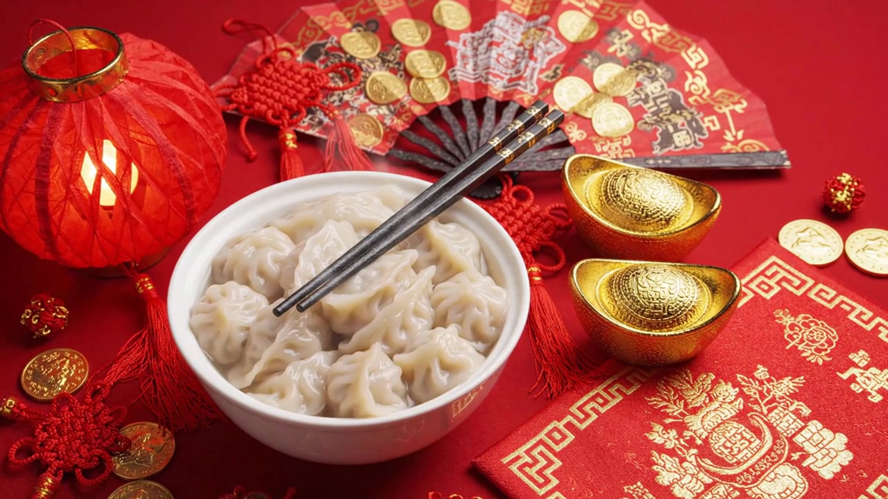 Steaming dumplings with chinese new year decorations
