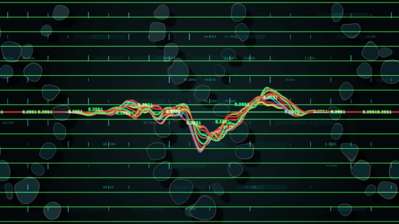 Colorful data lines and bubbles animating over dark grid background with measurements
