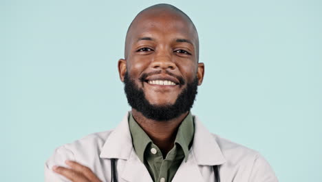 doctor, smile and face of black man in studio