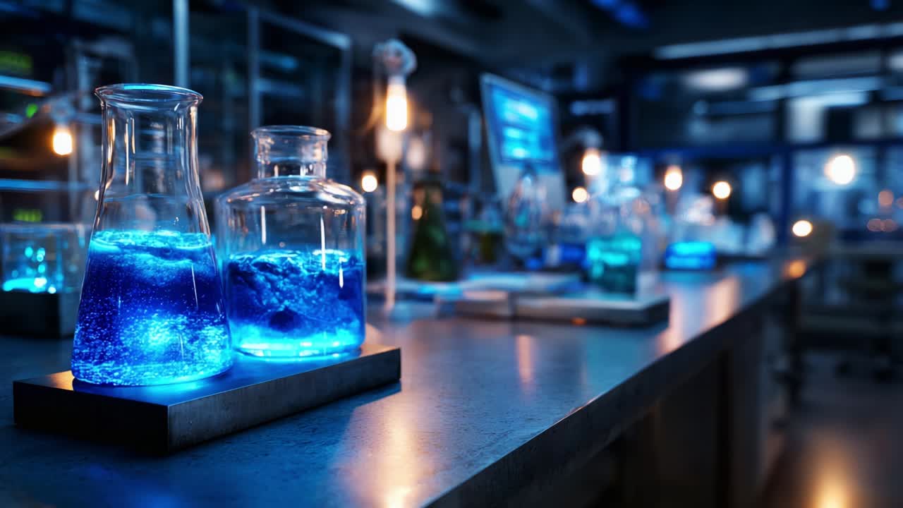 Illuminated Laboratory Experiment Featuring Luminous Blue Solutions in Flask Containers, Highlighting Scientific Research and Innovation in a Modern Laboratory Environment with Glassware and Equipment