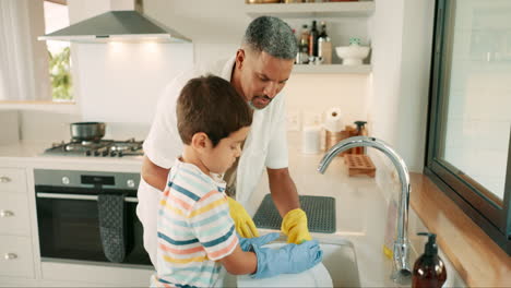 Enseñando,-Papá-O-Niño-Lavando-Platos-Con-Apoyo